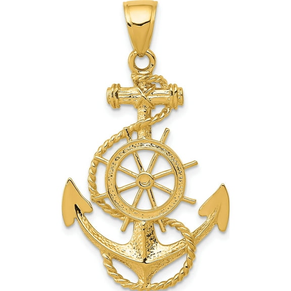14K Yellow Gold Large Anchor With Wheel Pendant (39 X 24) Made In Peru k3083