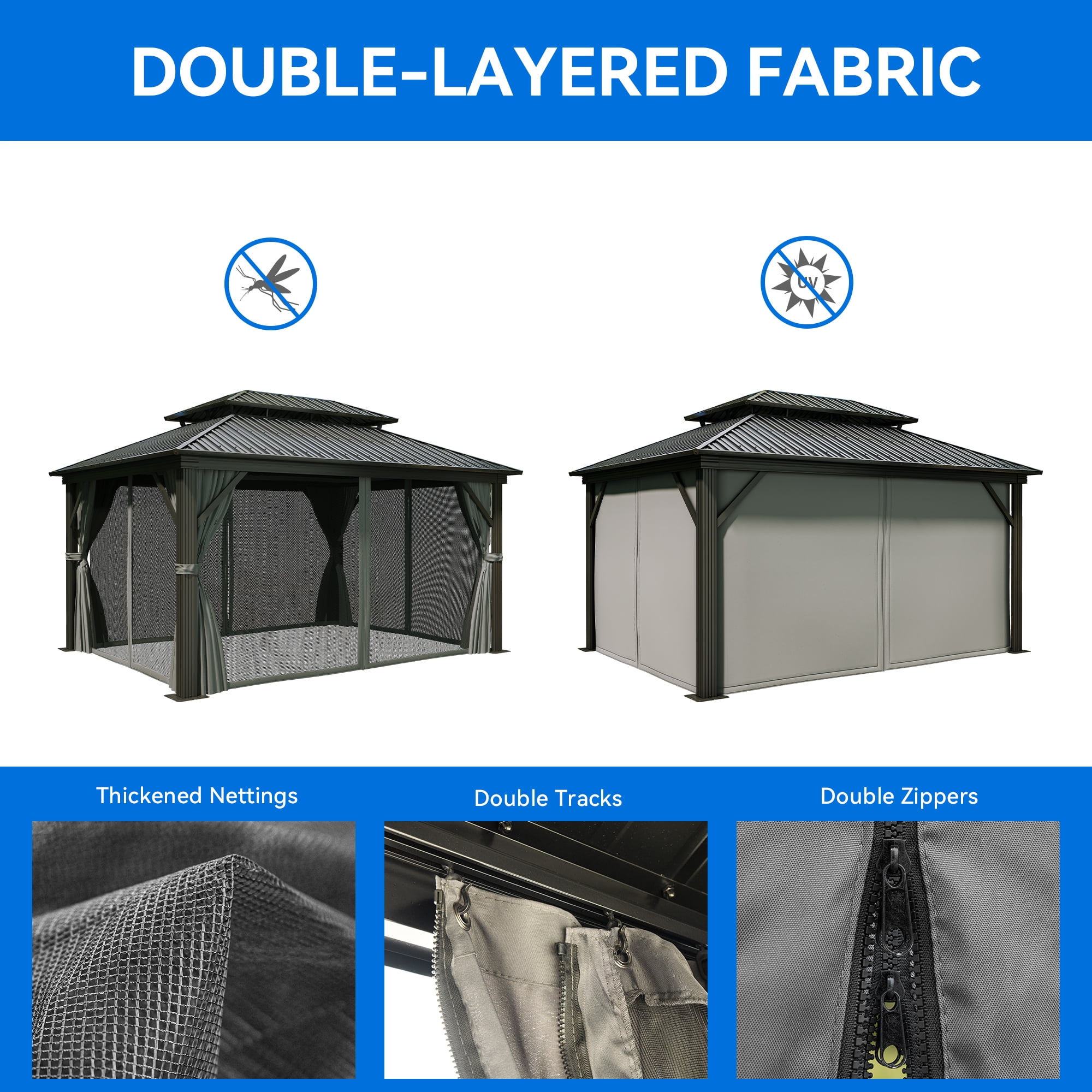 Dextrus 12ft x16ft Double Roof Hardtop Gazebo with Netting&Curtains, Outdoor Gazebo with Heavy Duty Galvanized Steel,Ideal for Patio Lawn and Garden,Gray Curtain