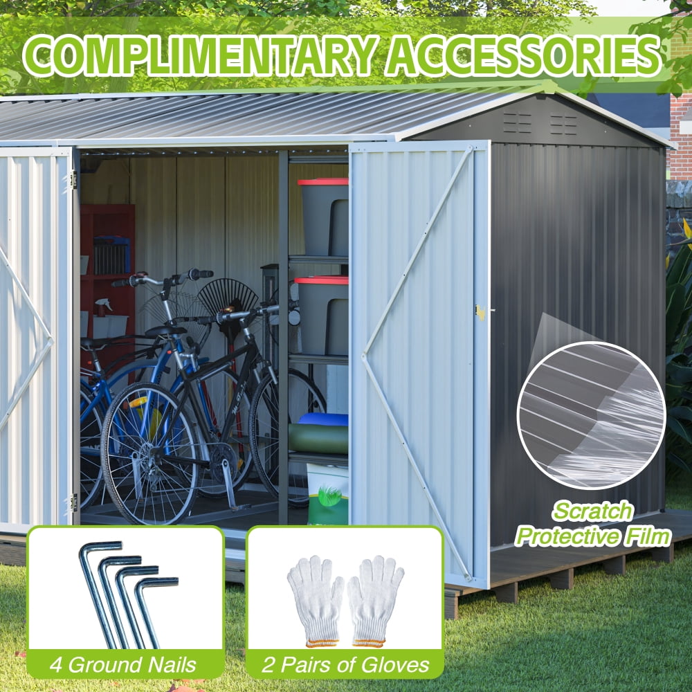 8x12 FT Steel Storage Shed, With Floor frame，Hinged Gray Doors & 4 Ventilation Openings with Window for Patio & Garden Use