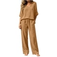 thumbnail image 5 of Mifsaly Linen 2 Piece Set for Women V Neck Short Sleeve Loose Tops and Flowy Wide Leg Trousers with Pockets Lightweight Casual Office Vacation Matching Outfits Khaki,XXL, 5 of 7
