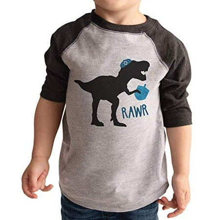 

7 ate 9 Apparel Kids Funny Dinosaur Hanukkah Grey Baseball Tee