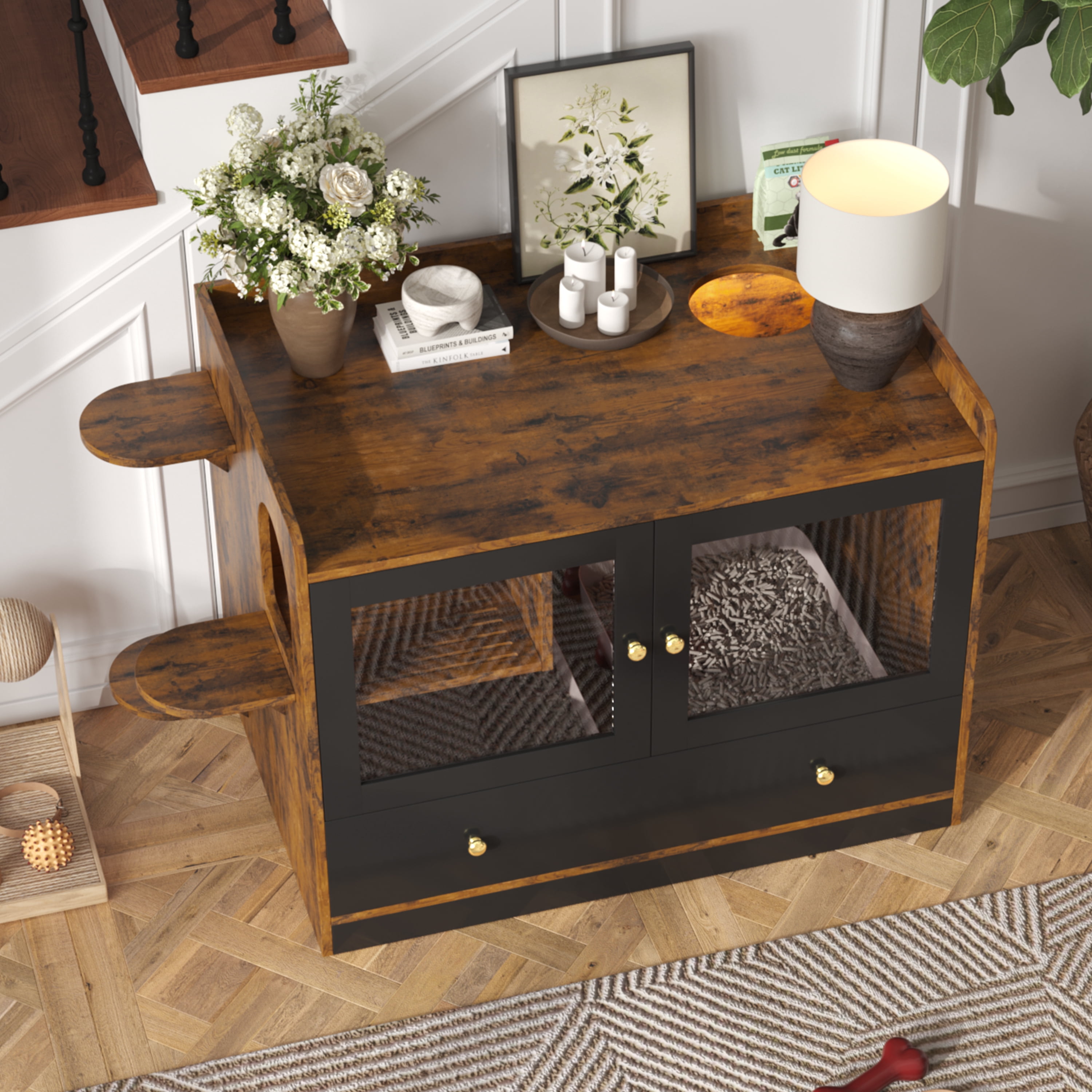 43'' Hidden Cat Litter Box Wooden Furniture Enclosure with Drawer and Stairs Washroom for Bedroom