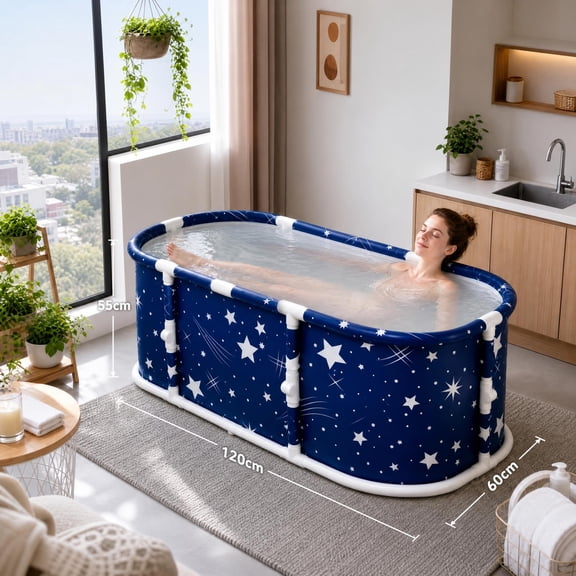 YUCHANG Portable Foldable Bathtub for Adults – Freestanding Soaking Tub with Stars Pattern, Blue