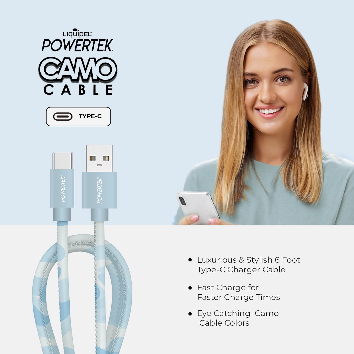 Liquipel Powertek 6ft USB A to USB C Cable, Blue