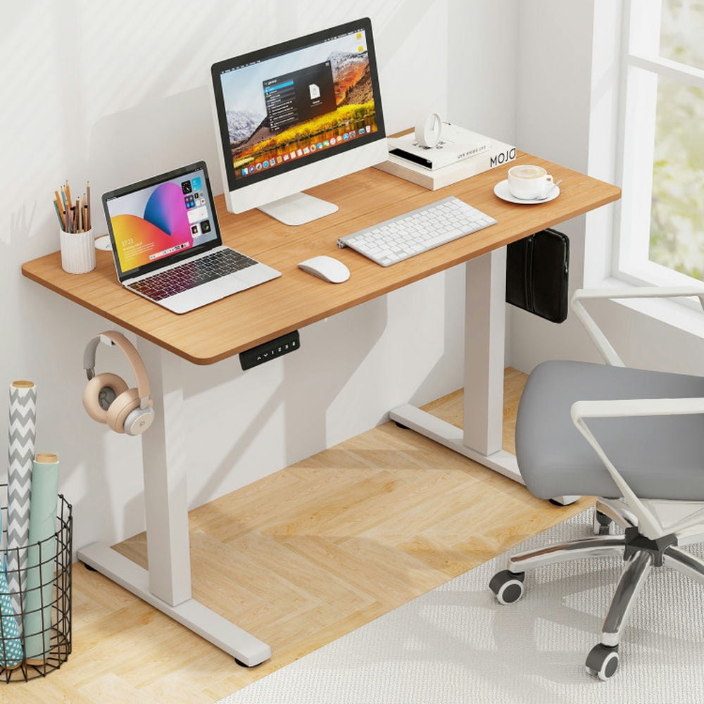 Demi Bonn Electric Standing Desk with 3 Memory Height Settings and 2 Hanging Hooks and Cable Management, Small Home Office Desk Study Writing Table, Beige