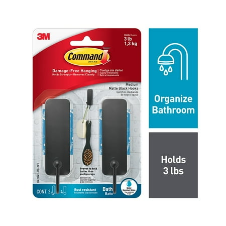 Command Bath Hook, Medium, Matte Black, 2 Hooks 4 Strips per Pack, Bathroom Organization