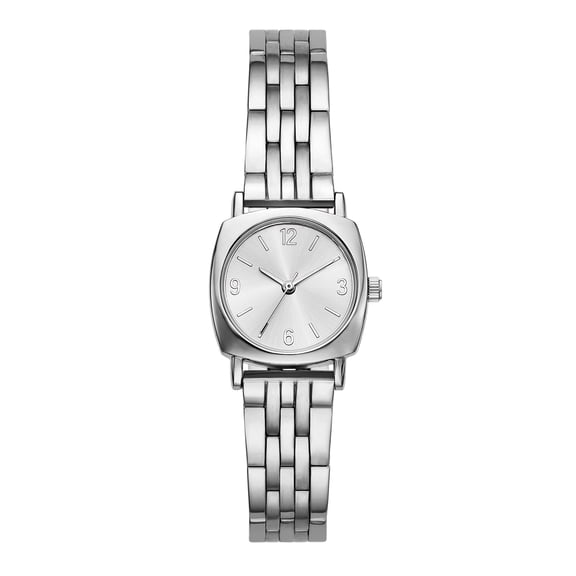 Time and Tru Women's Wristwatch, Silver Tone 26mm Square Cushion Case, Silver Sunray Dial, Silver Tone 5-Link Bracelet (FMDOTT113)