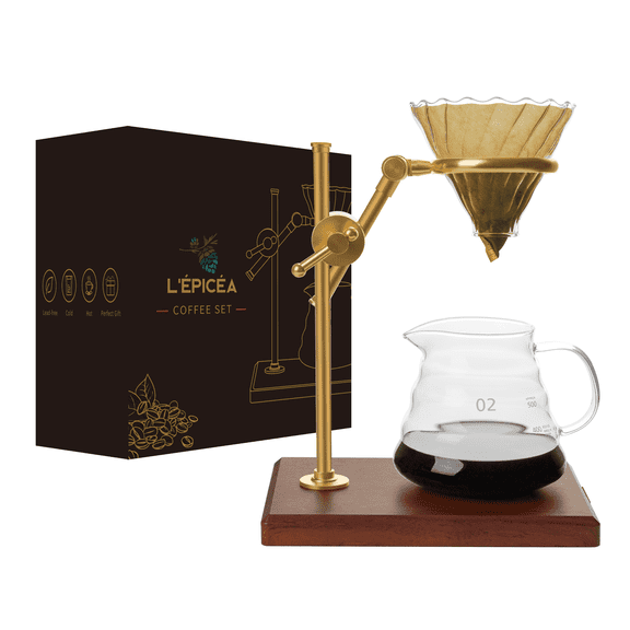 L'ÉPICÉA Pour over Coffee Maker Set,Stainless Steel Stand&Wooden Base, Glass Coffee Filters Cup