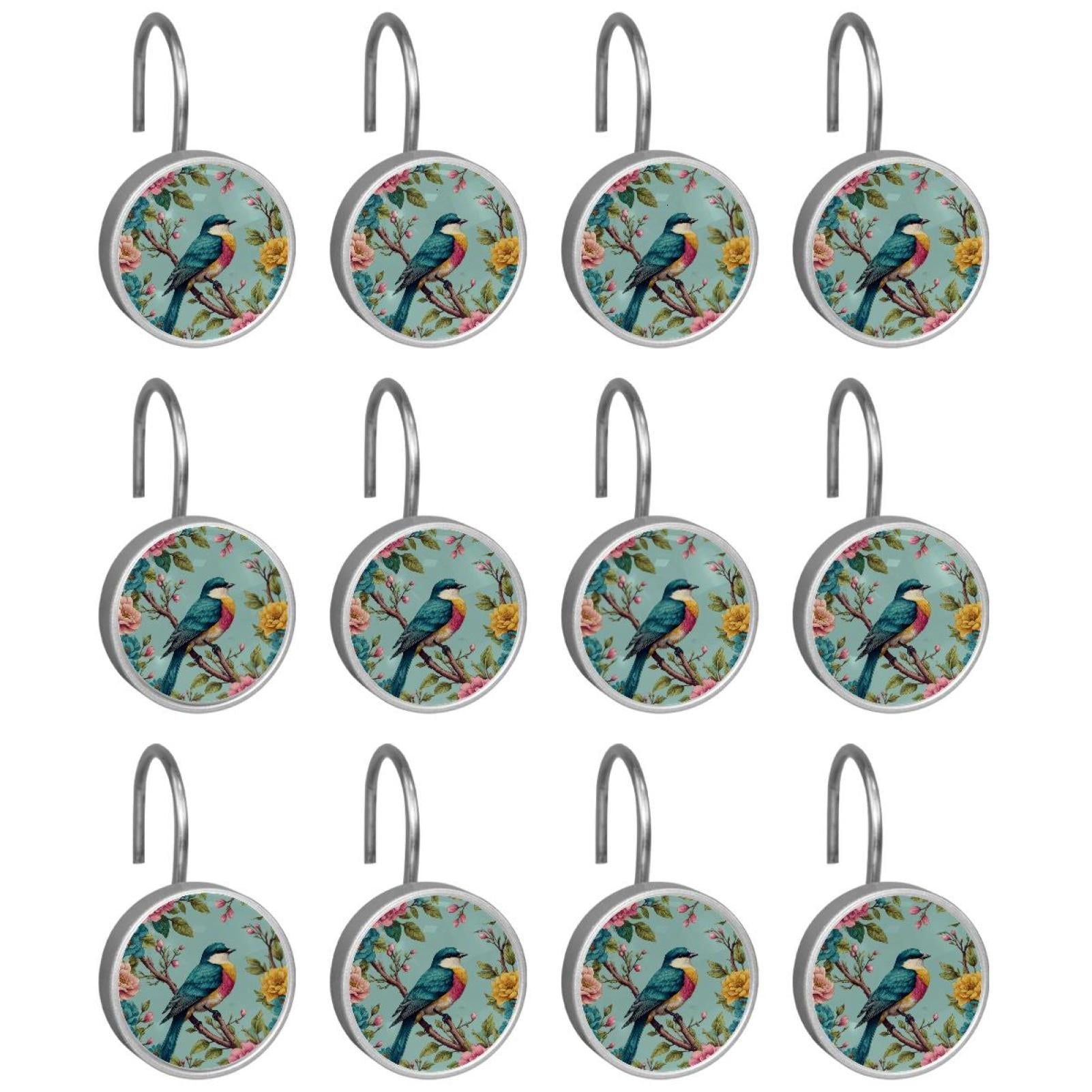 Imobaby 12 Pcs Metal Shower Curtain Hooks Rust Proof for Shower Curtain Liner - Colorful Flower Clusters Magpies