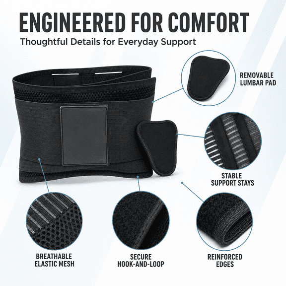 Lower Back Support Belt for Men Women, Lumbar Support Brace with Removable Pad, Breathable Posture Alignment & Pressure Relief for Lifting & Office Work Black L
