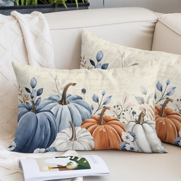 Blue Gray Pumpkin Fall Pillow Covers King, Thanksgiving Botanical Autumn Beige Soft Brushed Microfiber Breathable Throw Pillow Covers, Decorative Pillowcase with Zipper for Couch Sofa Bedroom 20"x36"