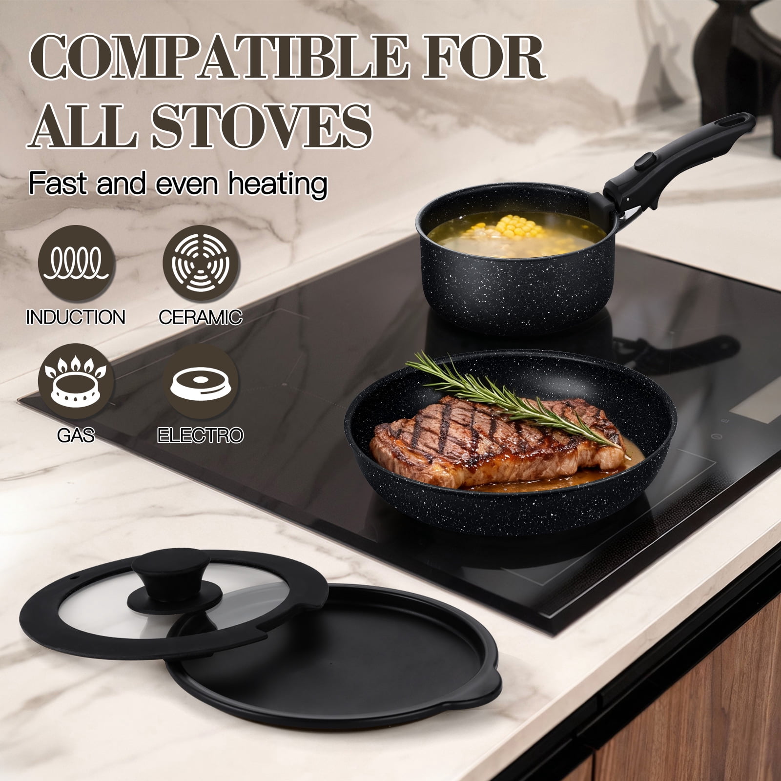 Vesteel 12Pcs Pots and Pans Set, Nonstick Cookware Set with Detachable Handle and Egg Frying Pan, Stackable RV Kitchen Cooking Utensils Set, Black