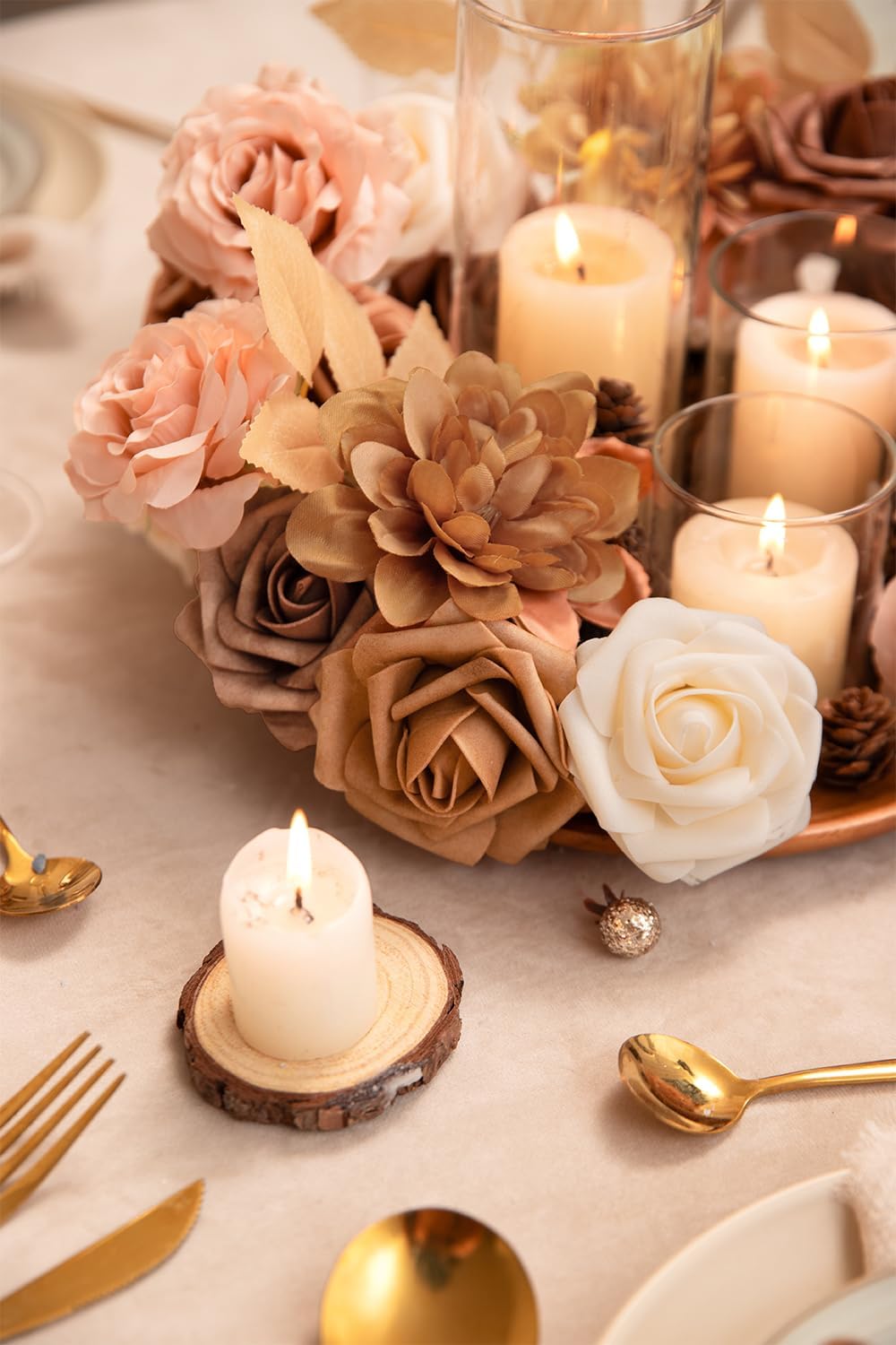 TArtificial Flowers, Fake Rose Silk Dahlia with Stems for DIY Bridal Wedding Bouquets Baby Shower Floral Arrangements Centerpiece Table Party Home Decorations(Dark Milk Tea)