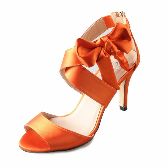 Creativesugar Women's Bow Sandals Satin Dress Shoes Bridal Wedding Heels, Party Show Shoes (Orange, 9)