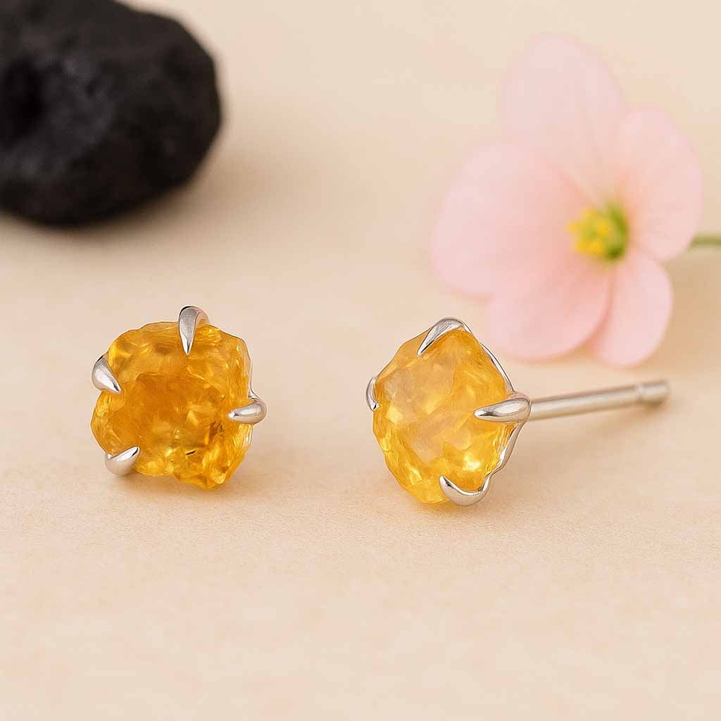 925 Sterling Silver Stud Earring for Women Natural Raw Citrine Gemstone Silver Stud Earrings
