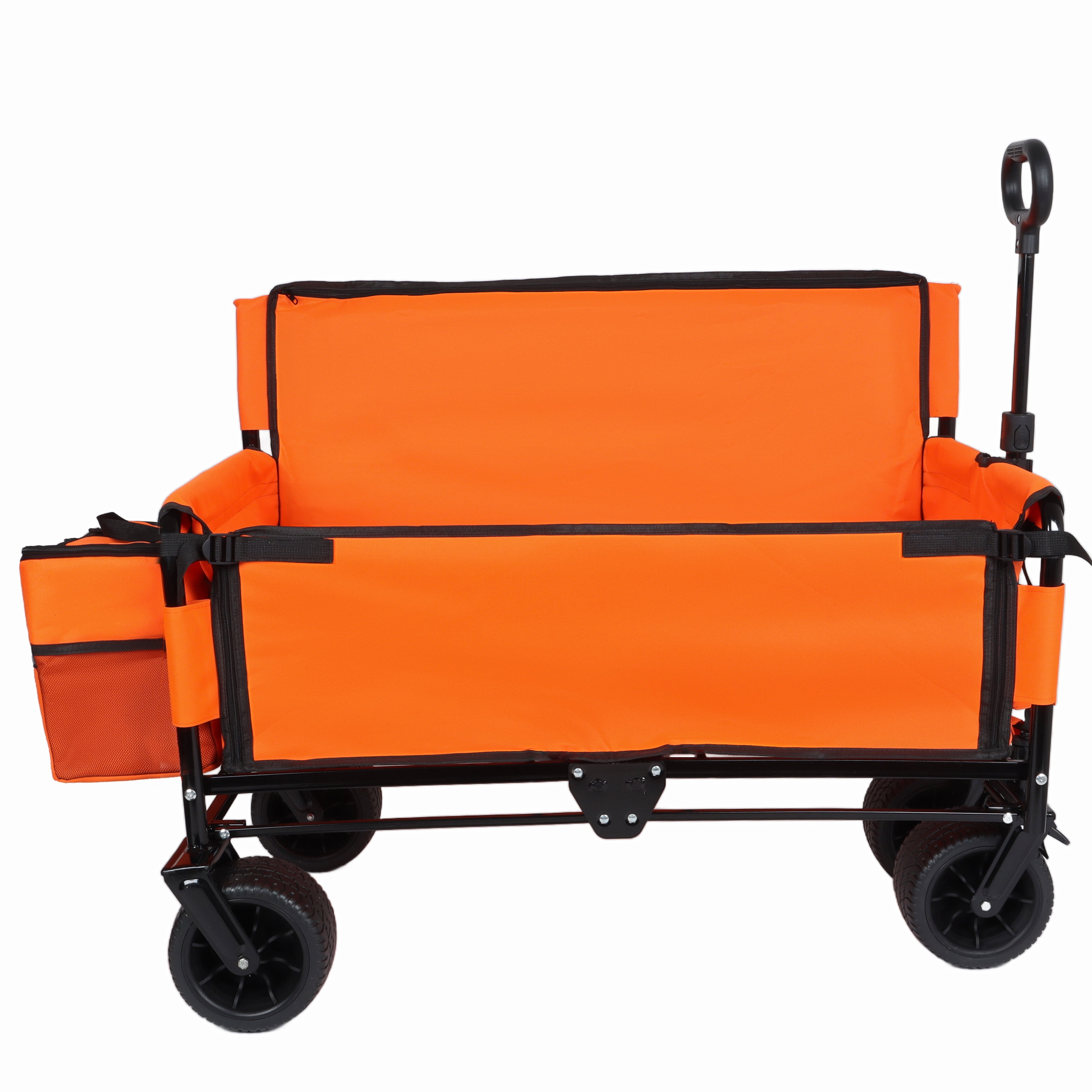 3-in-1 Folding Wagon Cart with Bench Seat, 500lbs Heavy-Duty Utility Wagon, 180L Capacity All-Terrain 360° Wheels with 1 Ice Pack for Camping Beach Sports Garden, Orange