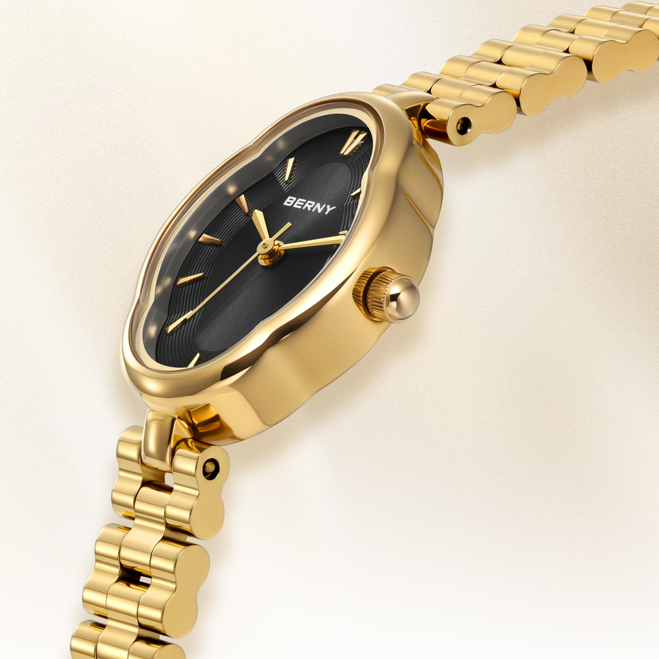 BERNY Small Gold Watches for Women Dainty Vintage Ladies Analog Quartz Bracelet Watch, Adjustment Tool Included Stainless Steel Waterproof, Fashion Luxury Womens Wrist Watches Gifts (Black)