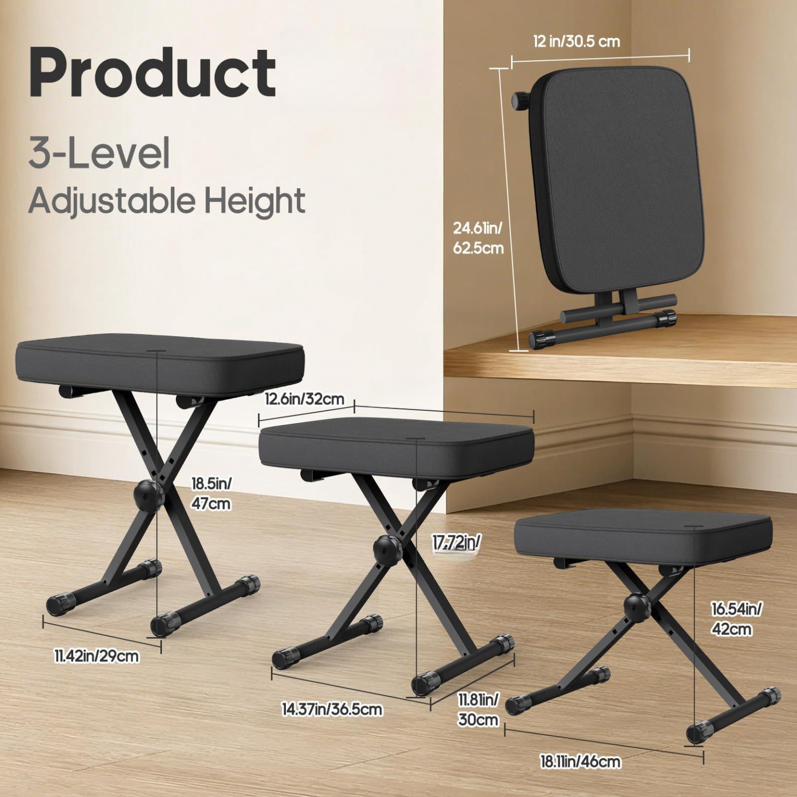 Adjustable Padded Keyboard Bench  X-style Collapsible Piano Guitar Stool With 2.56 Inch Thickness High-density Sponge And 3-position Height Waterproof Non-skid Design Black
