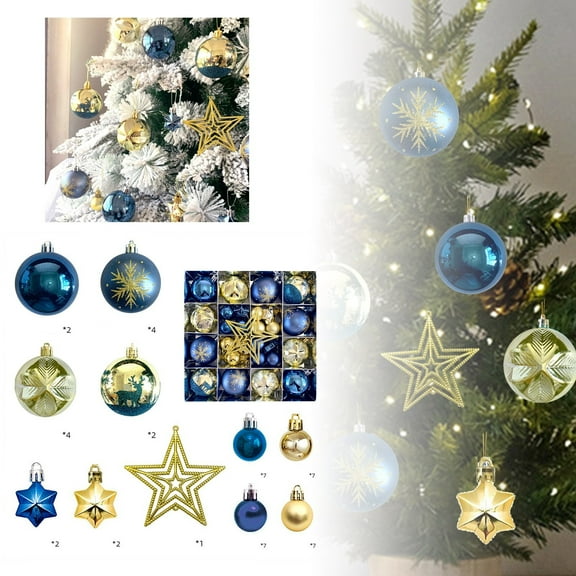 45PCS Christmas Ball Ornaments Set, with Glitter Baubles Ornaments and Openwork Star Pendant for Xmas Tree, Holiday, Wedding, Party Decor, Blue and Gold and Silver (A)