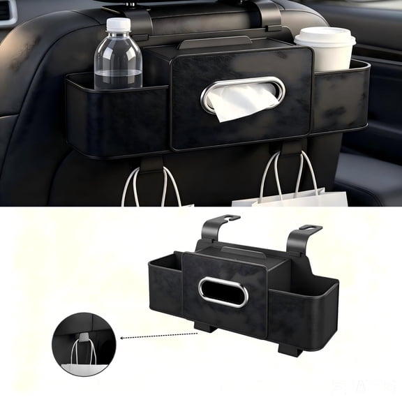 3-in-1 Car Backseat Organizer – Multifunctional Seat Back Storage Box with Tissue Holder, Cup Holders & Hooks, Leather Car Organizer for Phone, Cups, and Handbag