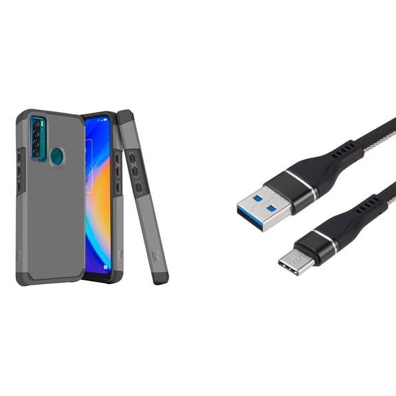 Bemz Accessories Bundle Compatible with TCL 20 XE: MK Series Shockproof Protector Case (Charcoal Grey), Nylon Braided USB-C to USB-A Cable (3 Feet)