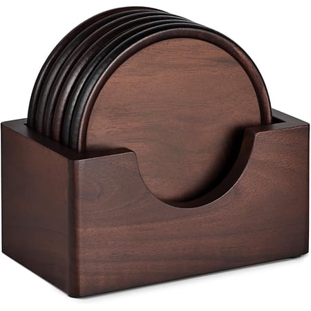 Wood Coasters with Holder Set of 6 Walnut Wooden Coaster Tabletop Protection for Drinks Coffee Table Home Kitchen Office Bar Living Room Decor Housewarming Gifts Wedding Party