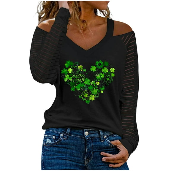 WREESH Womens St. Patrick's Day Shirt 2025 Spring Fashion Off The Shoulder Tops Long Sleeve V Neck T-Shirts Shamrocks Printed Graphic Tees Casual Loose Fit Blouses Holiday Shirts Black