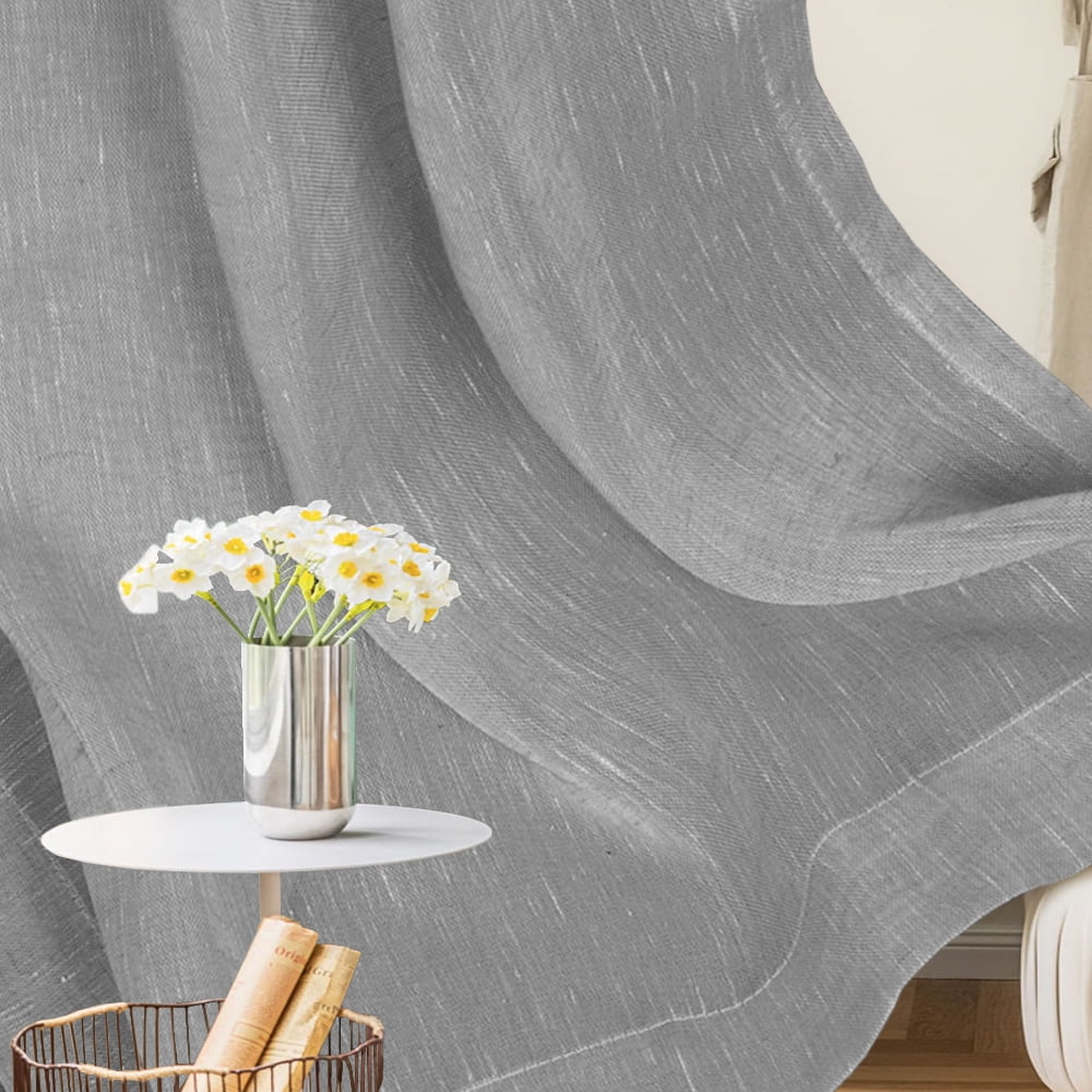 PrimeBeau Semi Sheer Curtains Light Filtering Natural Linen Blended Grommet Draperies, 52" by 96" inch, 2 Panel Set, Gray
