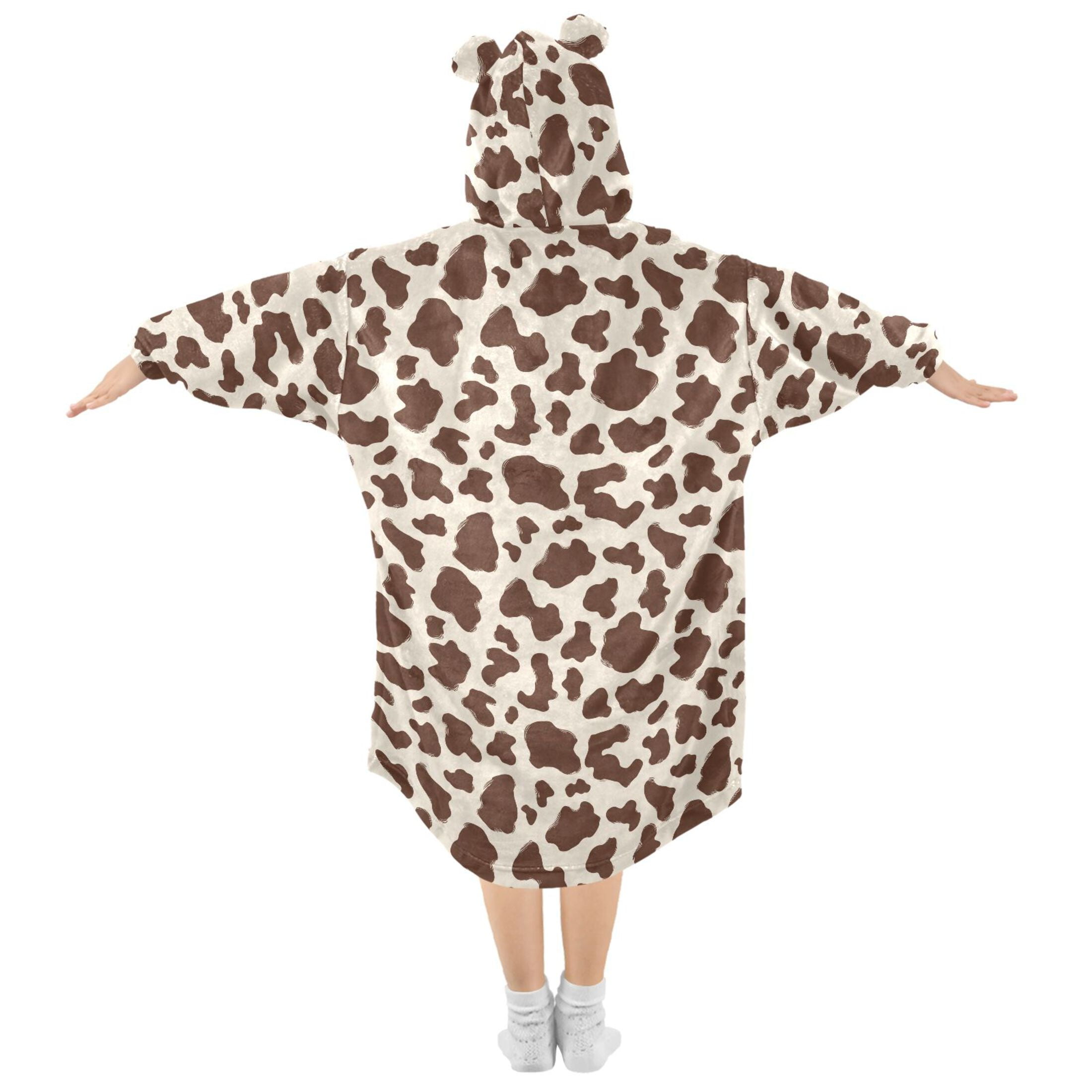 Wearable Blanket Hoodie for Kids Brown and White Cow Print Spots Flannel Hooded Blanket with Pockets and Sleeves Suitable for Boys and Girls