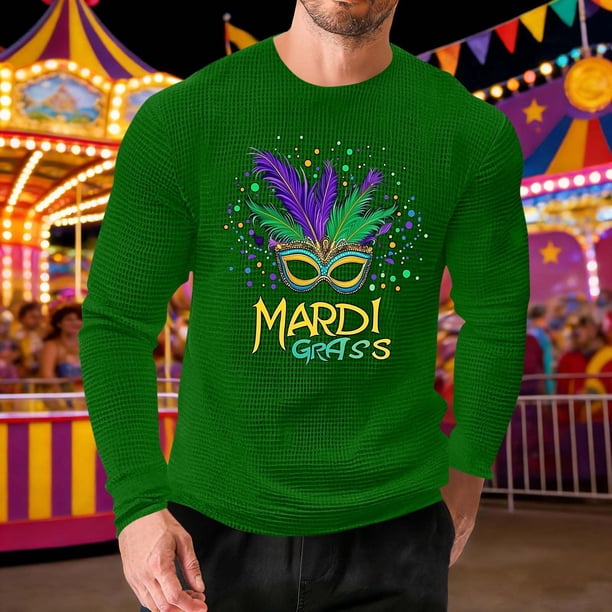Ceisia Men's Mardi Gras Mask & Feather Print Waffle Knit Crew Neck Long Sleeve T-Shirt Gift
