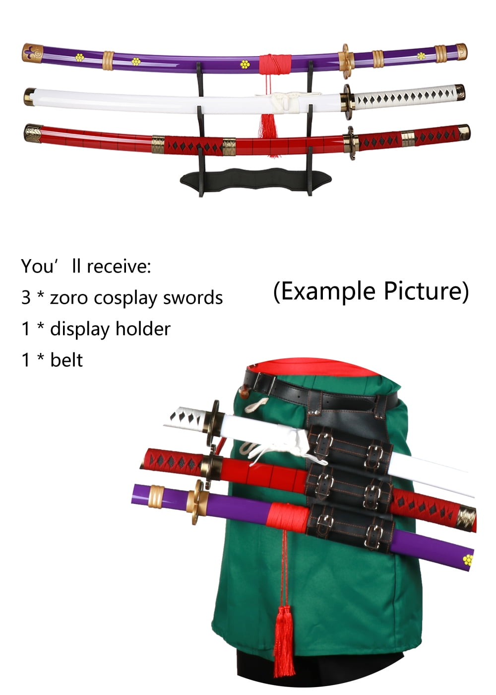 41 inches Anime Bamboo Wooden Roronoa Zoro Sword Set, Shusui/Wado Ichimonji/Sandai Kitetsu with Black Belt and Holder Stand