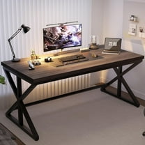 IBF 60 Inch Long Office Desk, Modern Metal Wooden Grey Writing Study Computer Desk for Bedroom, Farmhouse Big Simple Home Office Desks Executive Work Pc Table for Student, Dark Gray Oak