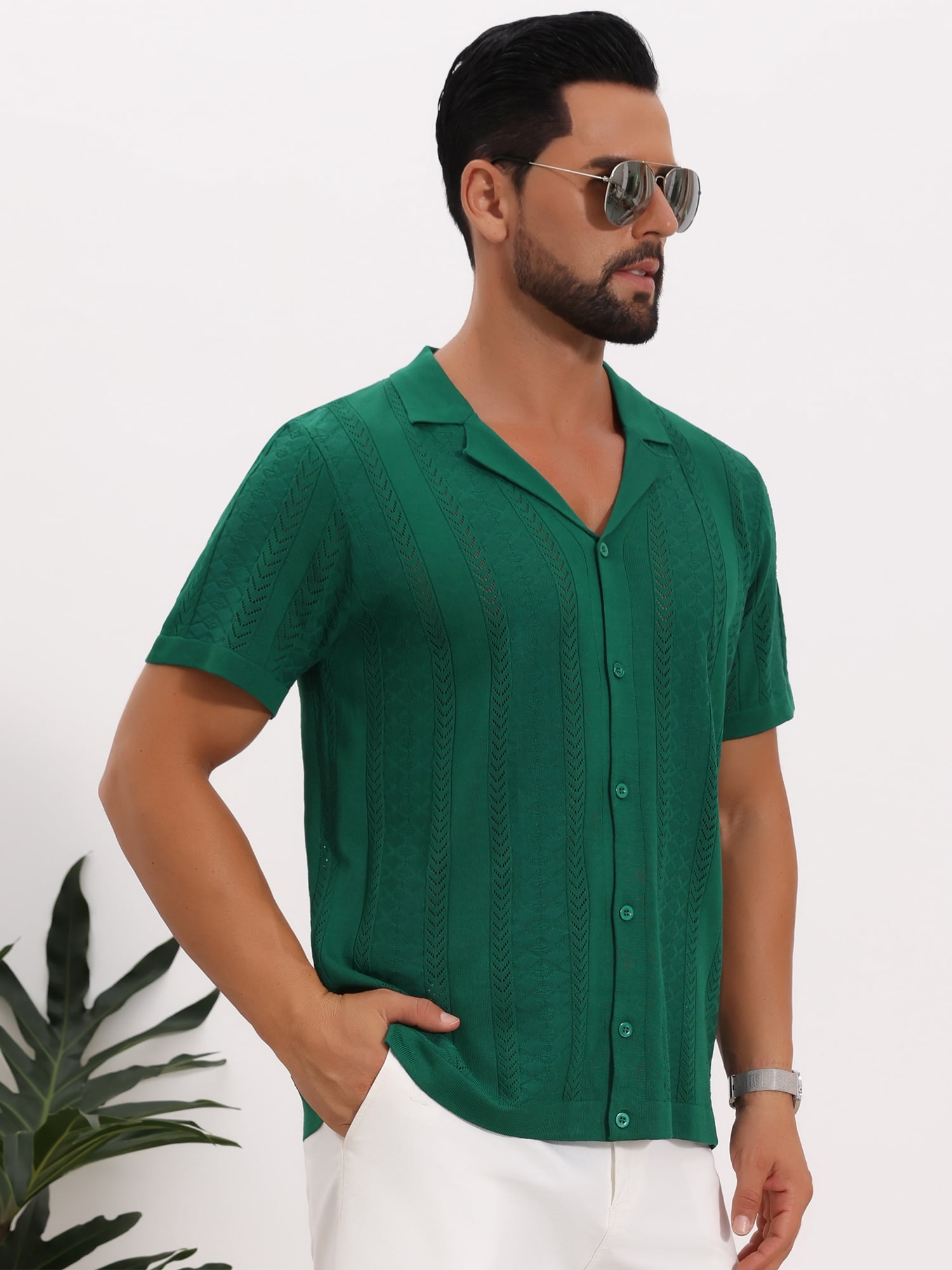 DARING DIVA Men's Hollow Knitted Shirt Short Sleeve Button Down Striped Shirts M Green