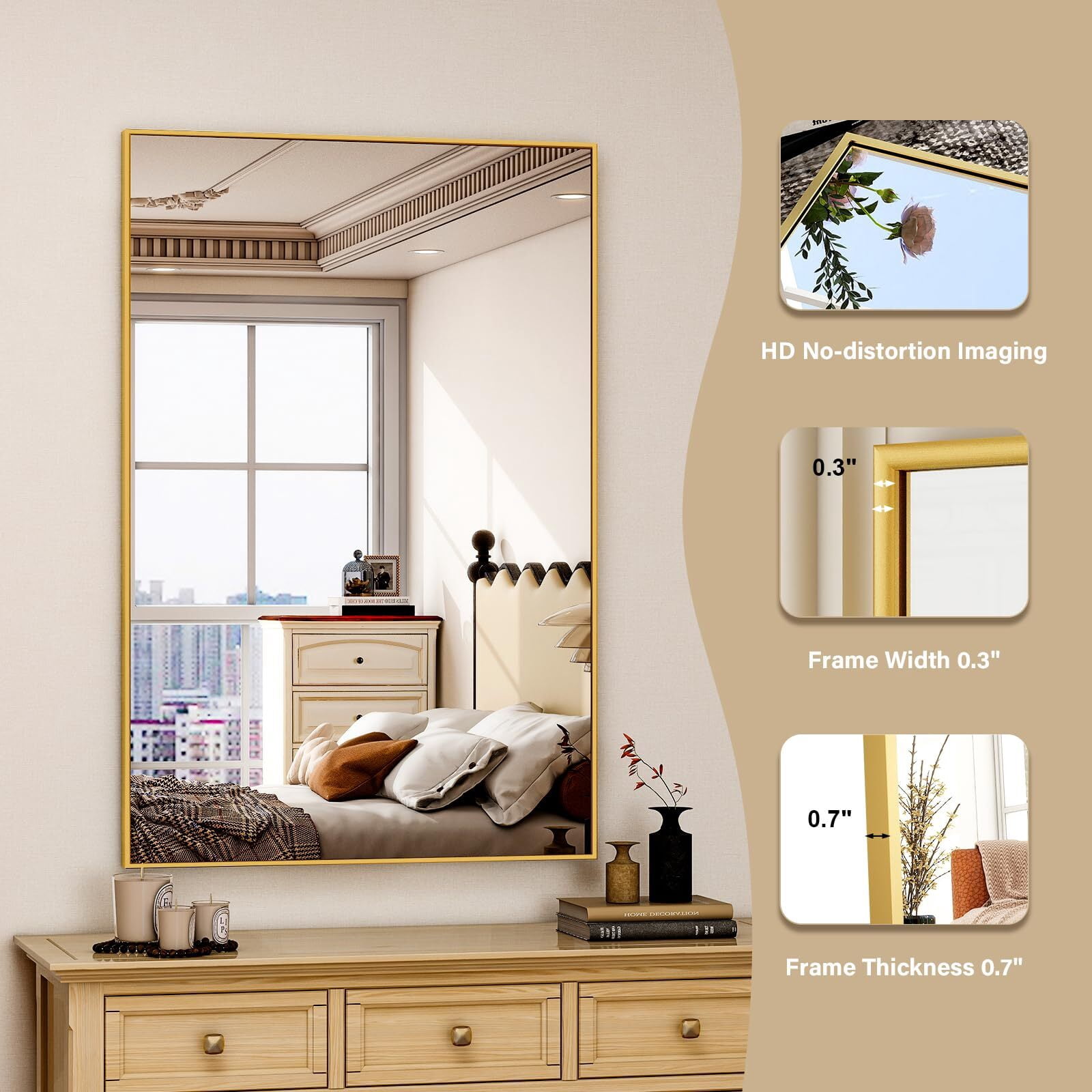 Lumora 28"x 20.3" Rectangular Bathroom Mirror with Aluminium Alloy Frame Wall mirror, Gold