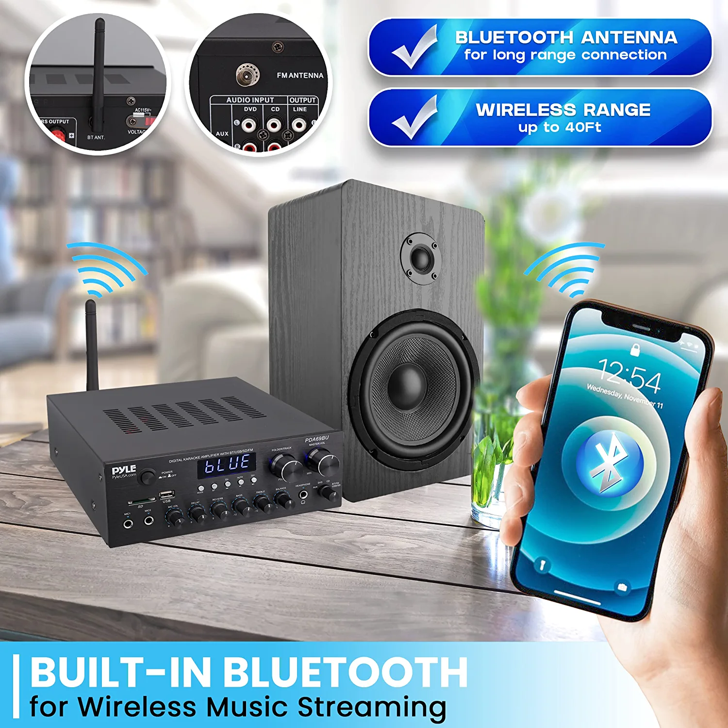 Pyle Bluetooth Home Audio Amplifier Dual Channel Sound Audio System, Compatible with All of Your Favorite Bluetooth Devices (iPhone, Androids, Smartphones, iPad, Tablets, etc.)