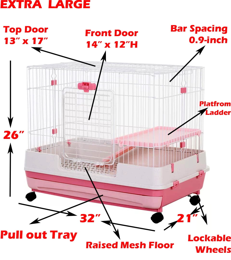 Pink X-Large 32”L 2-Level Indoor Small Animal Rabbit Guinea Pig Cage Easy Pull Out Washable Tray With Wheels