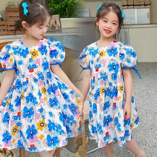 2023 vestidos con estampado de flores azules para ninas ropa con mangas abullonadas vestido de princesa de verano para ninos trajes de desfile de baile de fiesta para ninos 9 4T Gao