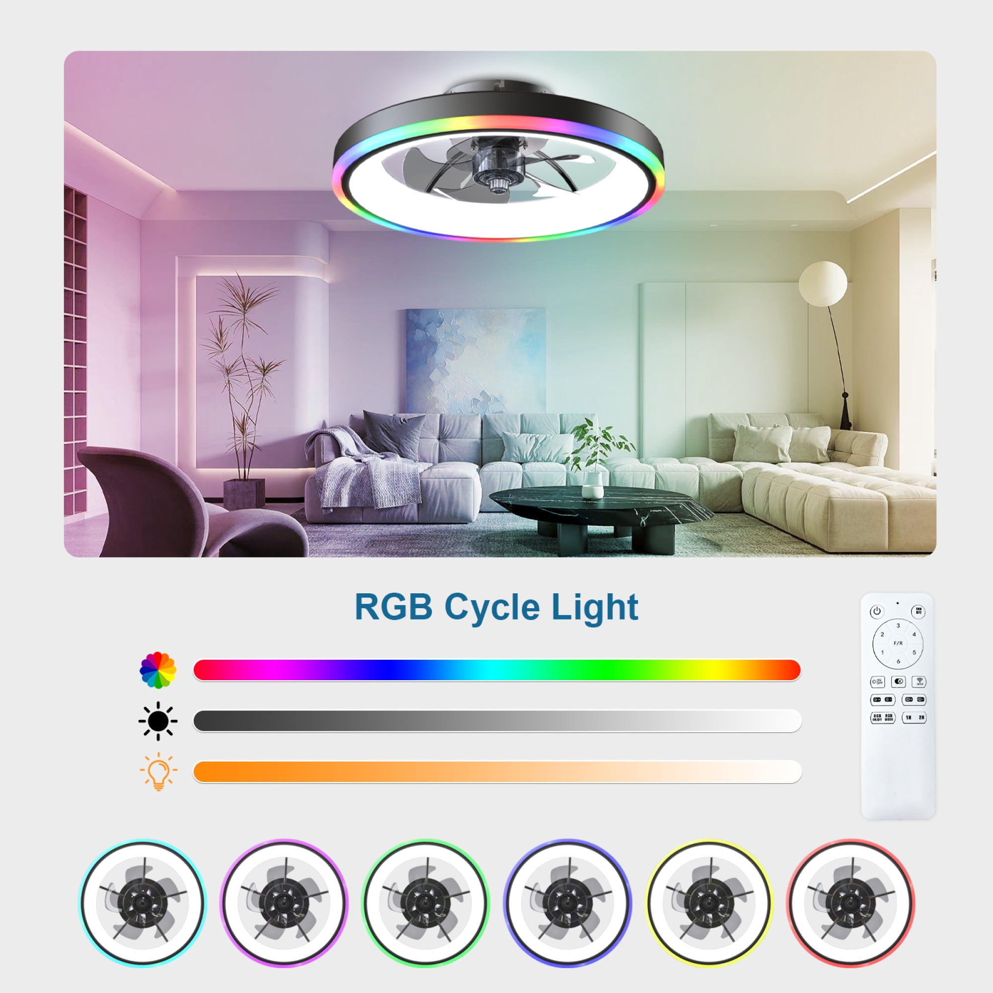 Leumius 19.7" Modern RGB Ceiling Fan with Lights, Flush Mount Low Profile Fan with Remote & APP, 6-Speed Reversible Silent DC Motor, Dimmable 3000-6500K LED for Bedroom Living Room Black