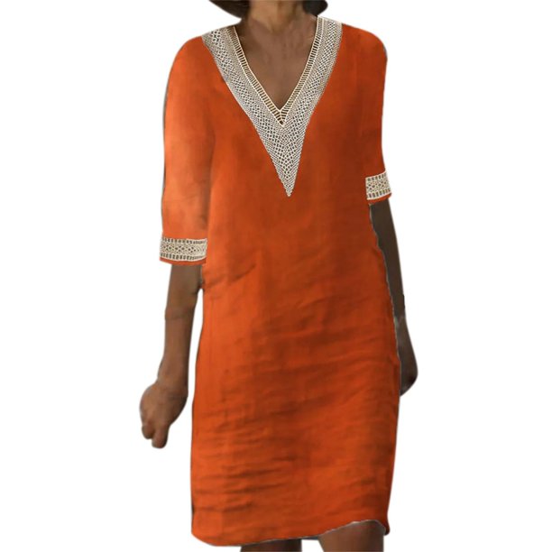 Vestido de mujer con cuello en V, costuras de encaje y manga media: vestido ligero y casual de verano con diseño clásico