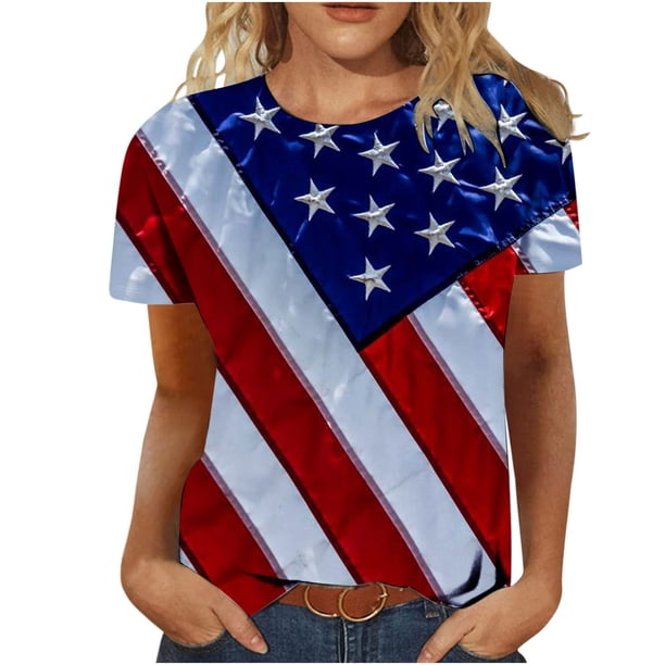 Tops Para Mujer Blusa Casual Elegante Camisas Día de La Independencia Camiseta de Cuello Redondo de Moda Impreso Manga Corta Odeerbi ODB168076