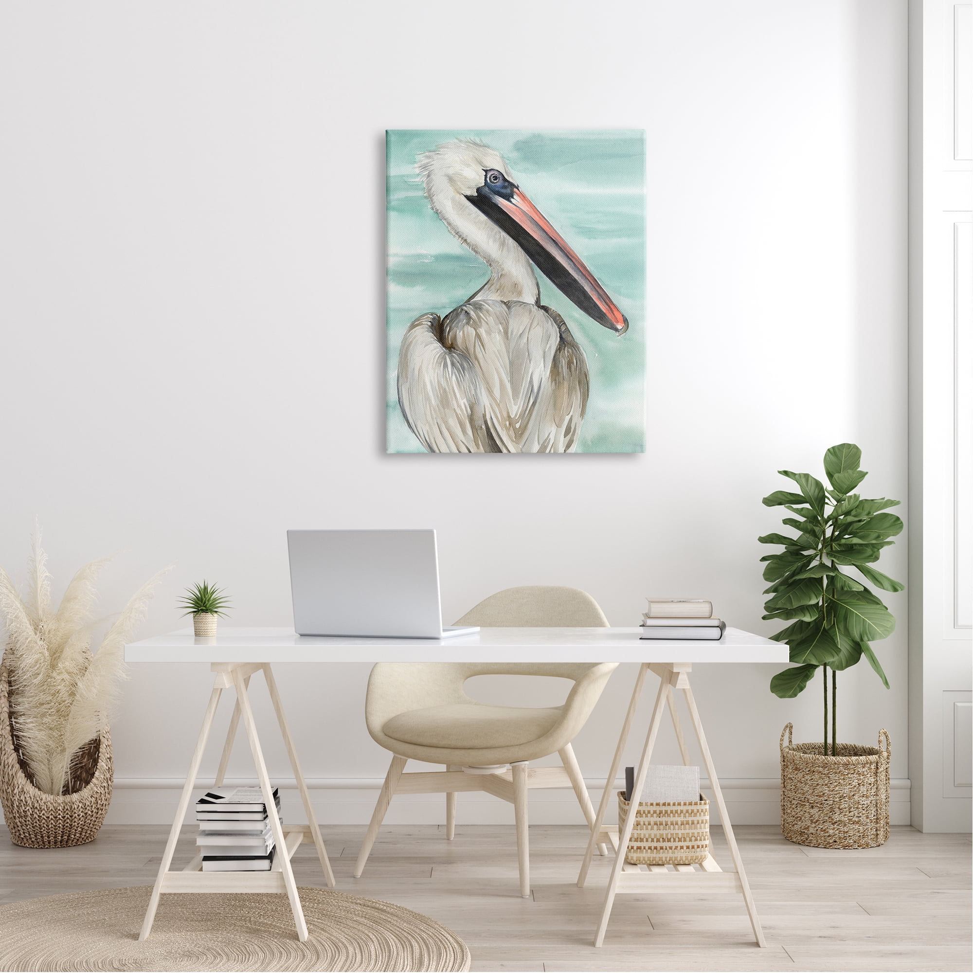 Stupell Industries White Coastal Pelican Watching Calm Water Sea Painting Gallery-Wrapped Canvas Print Wall Art, 30x40, by Jennifer Paxton Parker