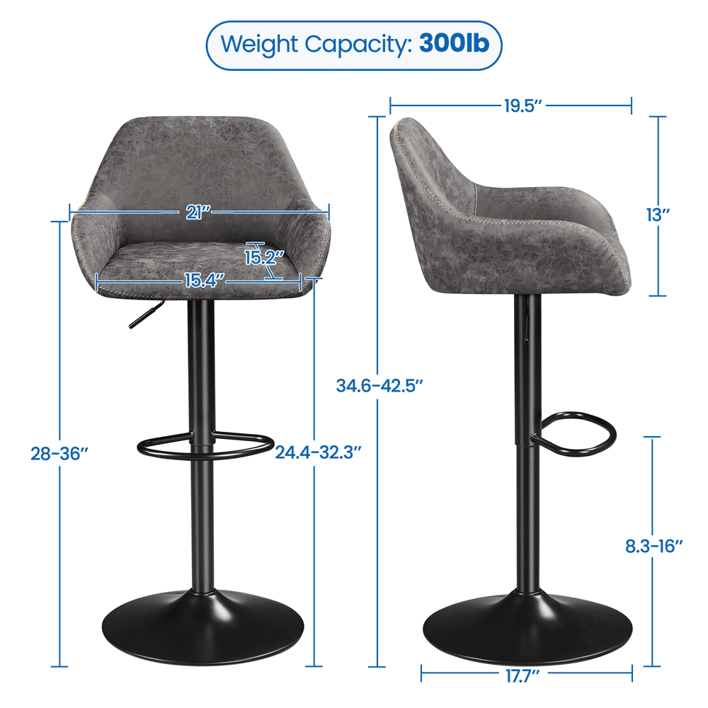 Alden Design Adjustable Vintage Faux Leather Bar Stools with Backrest, Set of 2, Gray