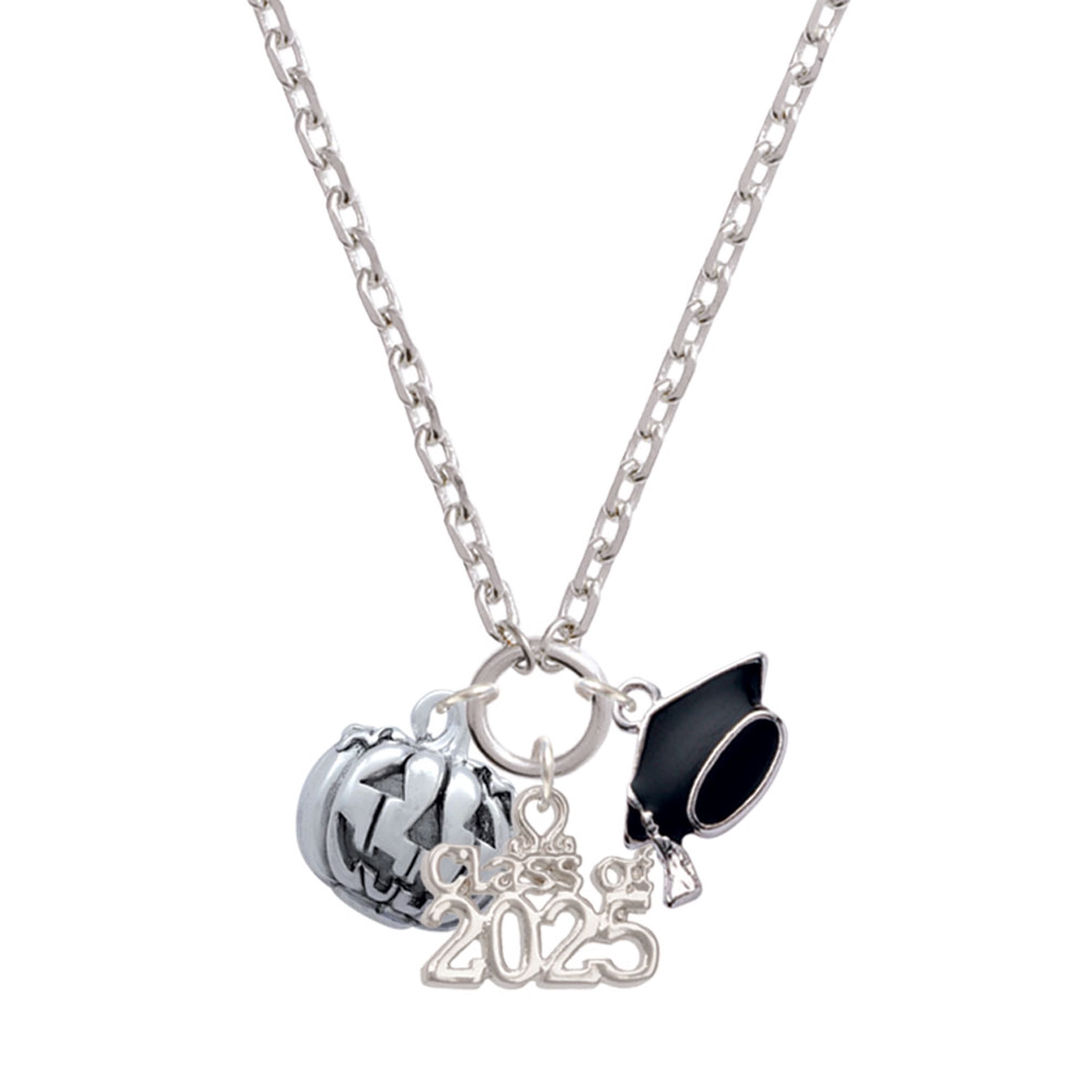Delight Jewelry Silver-tone 3-D Large Jack O' Lantern with Leaves - Silver-tone Class of 2025 Graduation Zoey Necklace, 28"