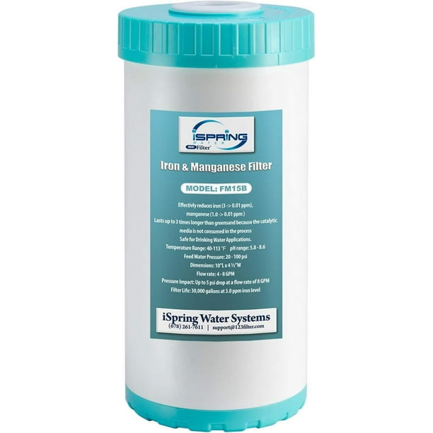 iSpring FM15B - Cartucho de filtro de repuesto reductor de hierro y manganeso para sistema de filtración de agua para toda la casa WGB21BM, 1 unidad (paquete de 1), alta capacidad de 10 x 4.5 pulgadas