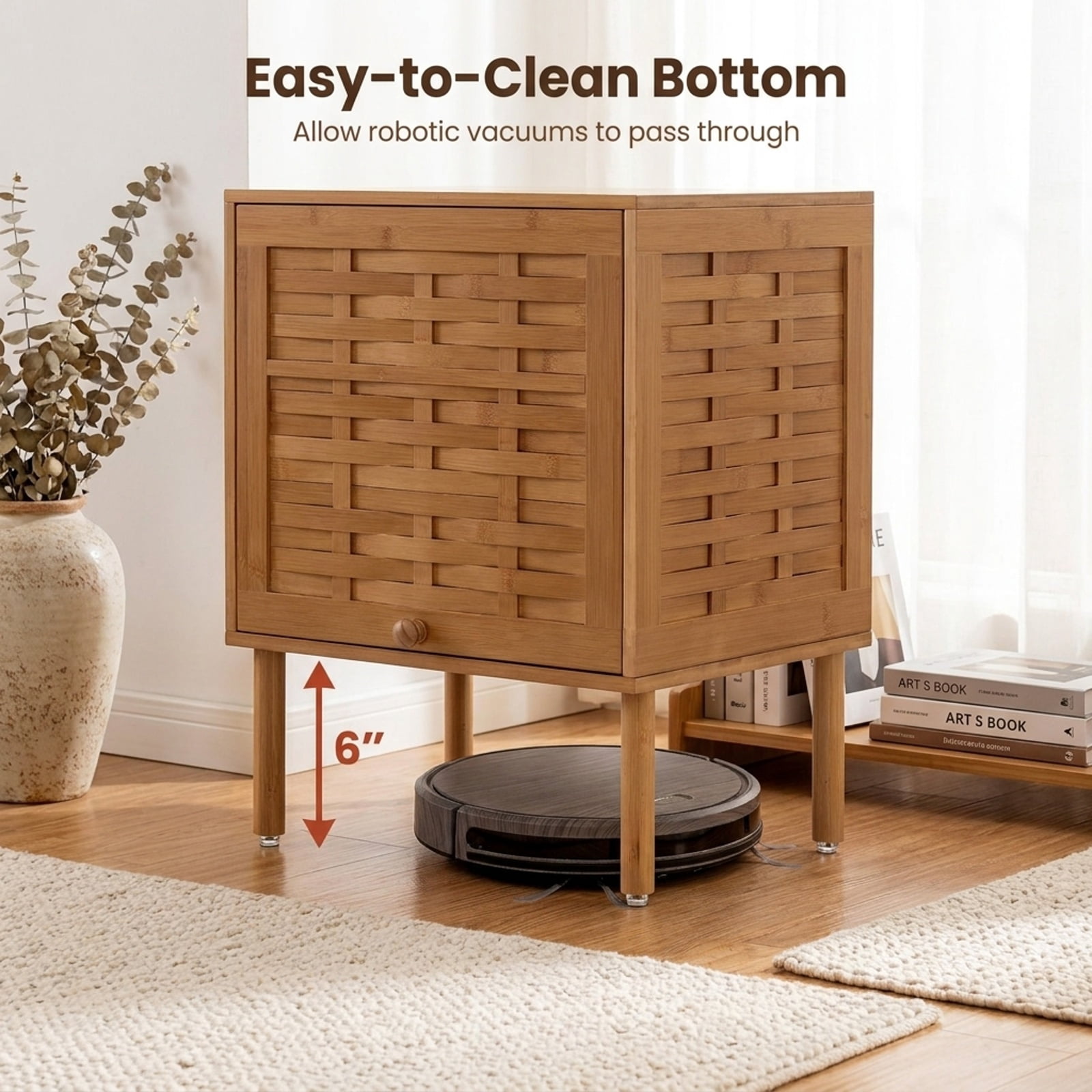 Furnibear Bamboo Rattan Nightstand with Raised Edge Flip-Up Door and Open Shelf for Bedroom Living Room Bedside Sofa Side Small Space, Walnut