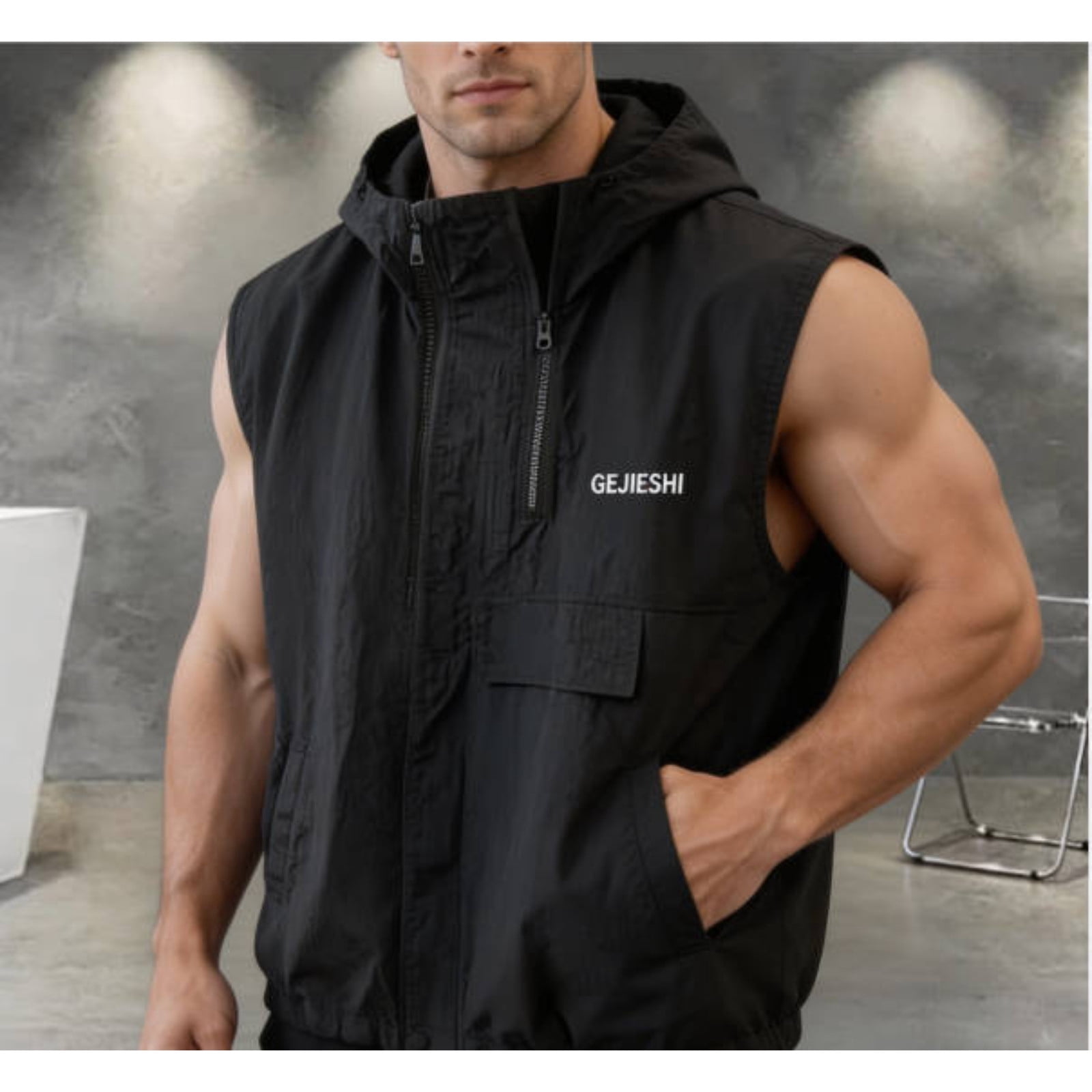 Men's Cycling Running Vest Sleeveless Jacket Windbreakers with Hood - Windproof, Breathable,Loose Big and Tall Size M-4XL Black