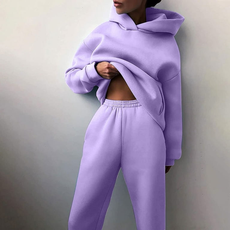 Purple Workout Top and Bottom Set With Hooded Long Sleeve Shirt and  Matching Joggers, Winter Gym Clothes for Women, Sporty Loungewear Set 