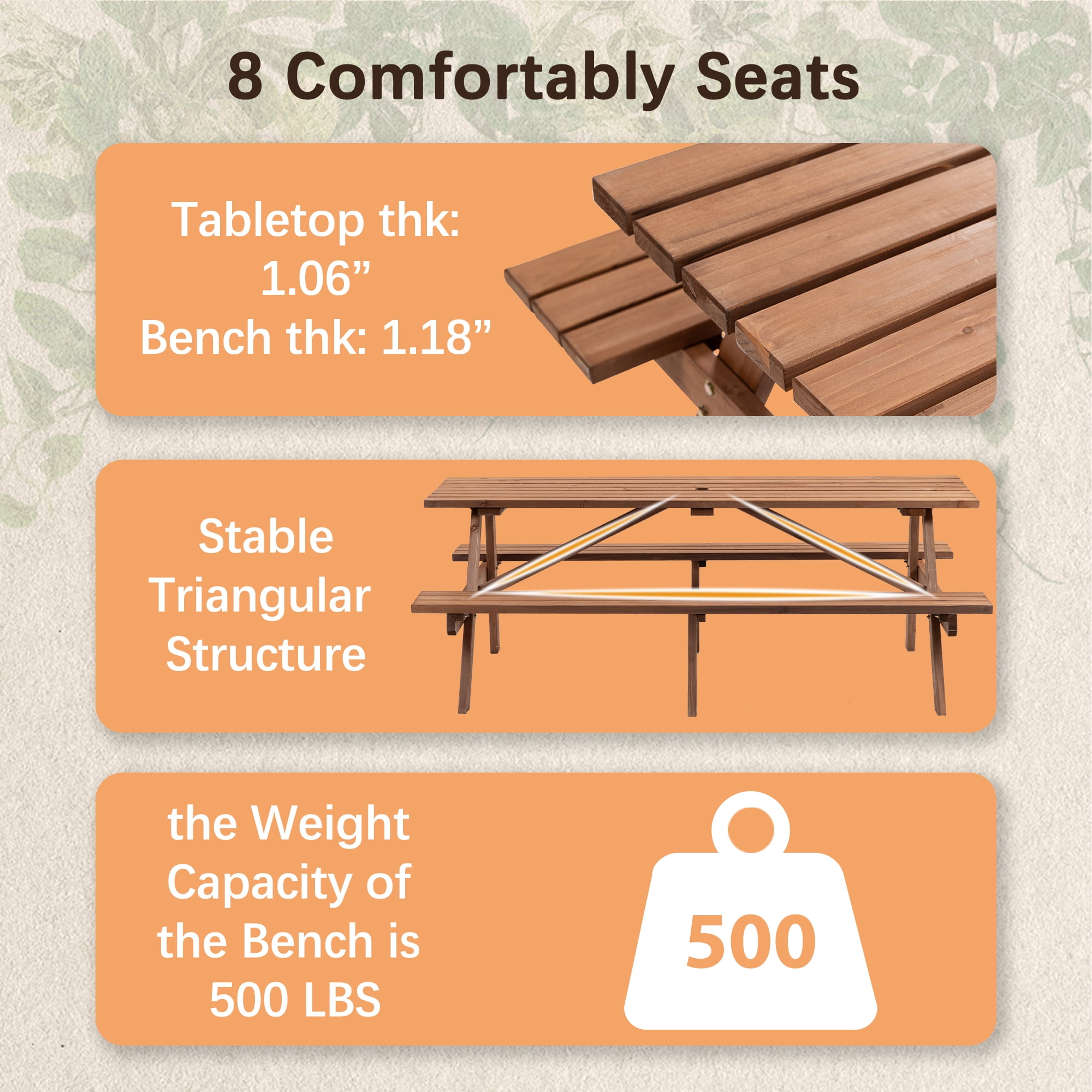 8-Person Rectangle Outdoor Wooden Picnic Table w/ 2 Built-In Benches,Outdoor Camping Dining Table for Backyard,Garden,Patio,2220 lbs Capacity