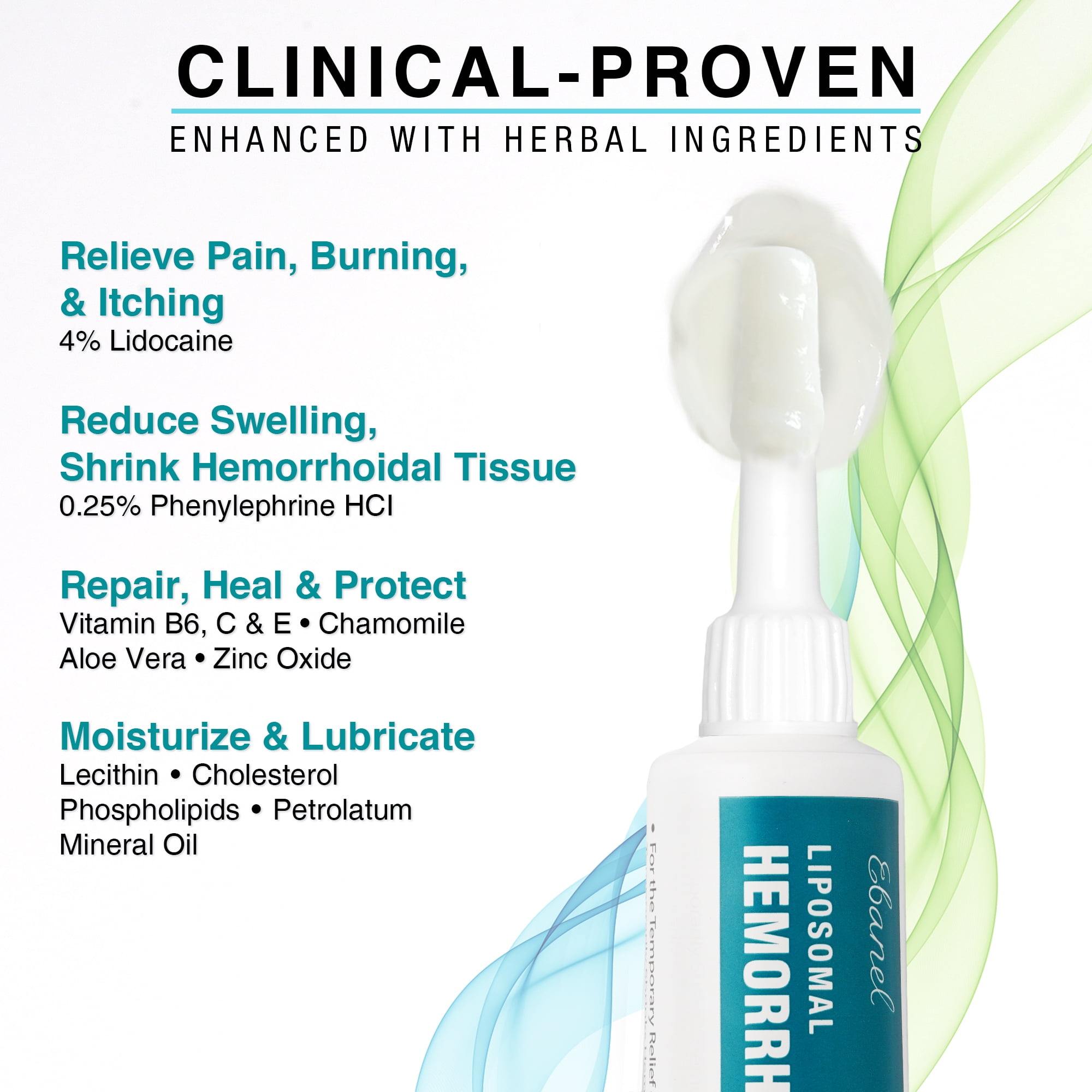Ebanel 4% Lidocaine Hemorrhoid Treatment Ointment with Phenylephrine, Hydrocortisone, Vitamins B6, D3, E, Zinc Oxide, External and Internal Hemorrhoids Treatment Burn Itch Pain Relief Anal Cream