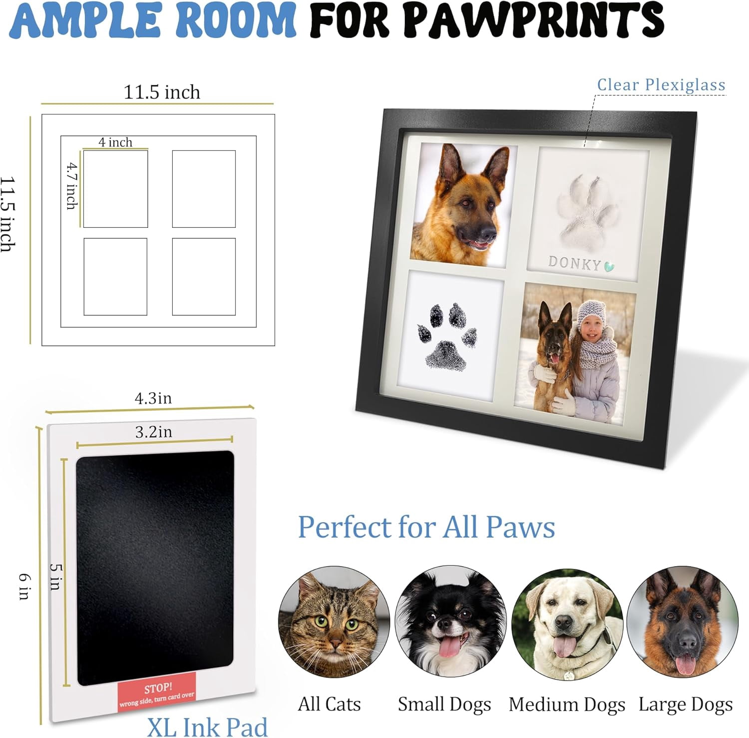Ink & Clay Paw Print Kit for Dog Cat,Clean-Touch Ink Pad & Soft Clay,Pet Paw Print Impression Kit Large Area,Keepsake Frame for 1-2 Pets,Cat/Dog Gifts